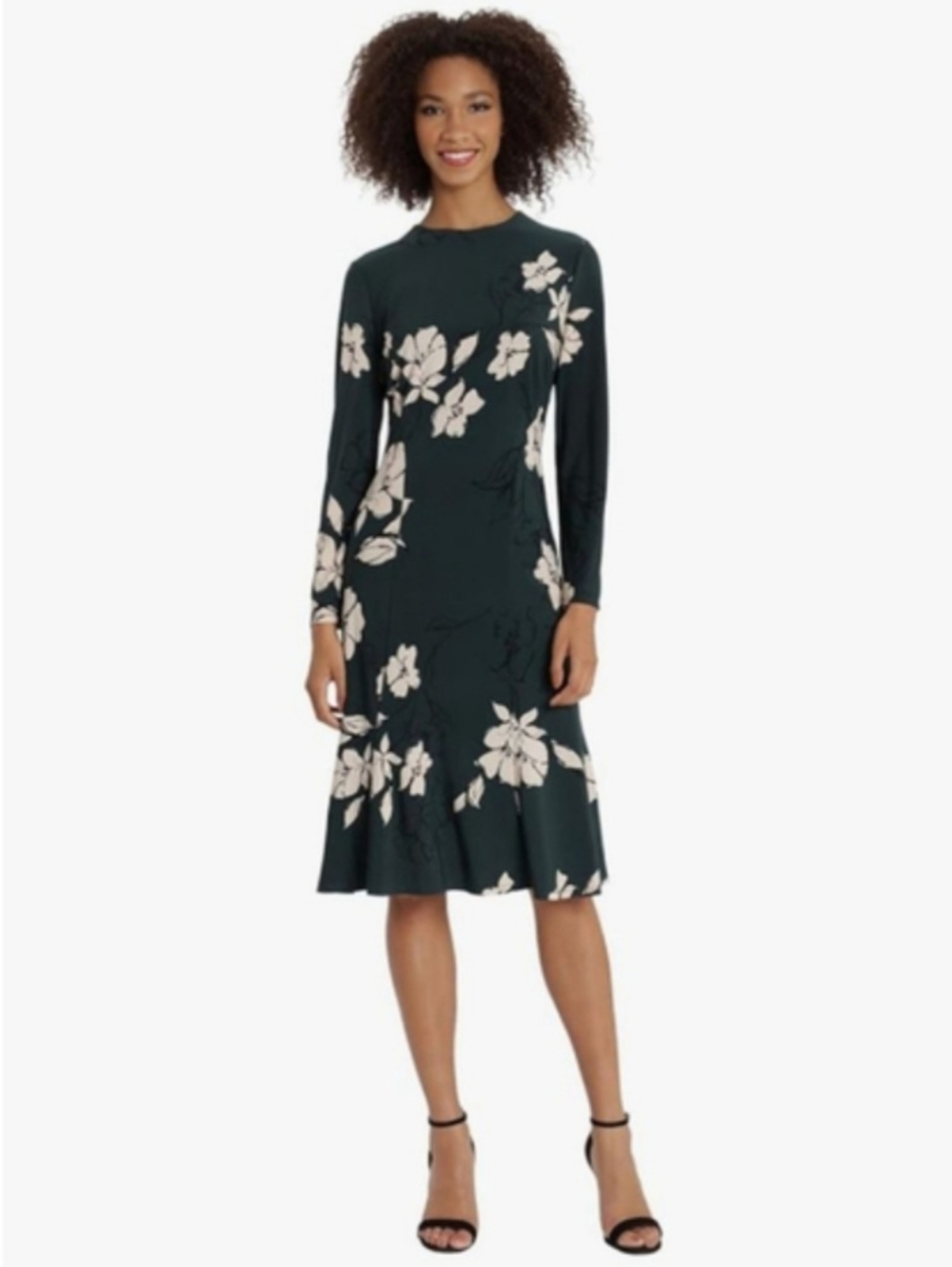 Maggie London NWT Green Floral Midi Dress Mock Neck Tie Back Long Sleeve Size 6 - Picture 2 of 14
